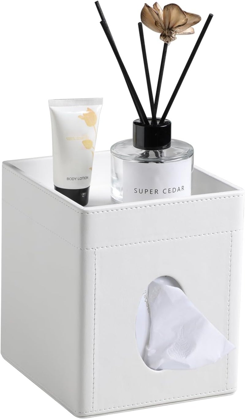 Cretkhp Tissue Box Cover, PU Leather Square Tissue Box Holder with Storage Tray for Bathroom Vanity Countertop Night Stands Bedroom Office Desk, Stylish Tissue Holder Decorative Organizer - Image 1